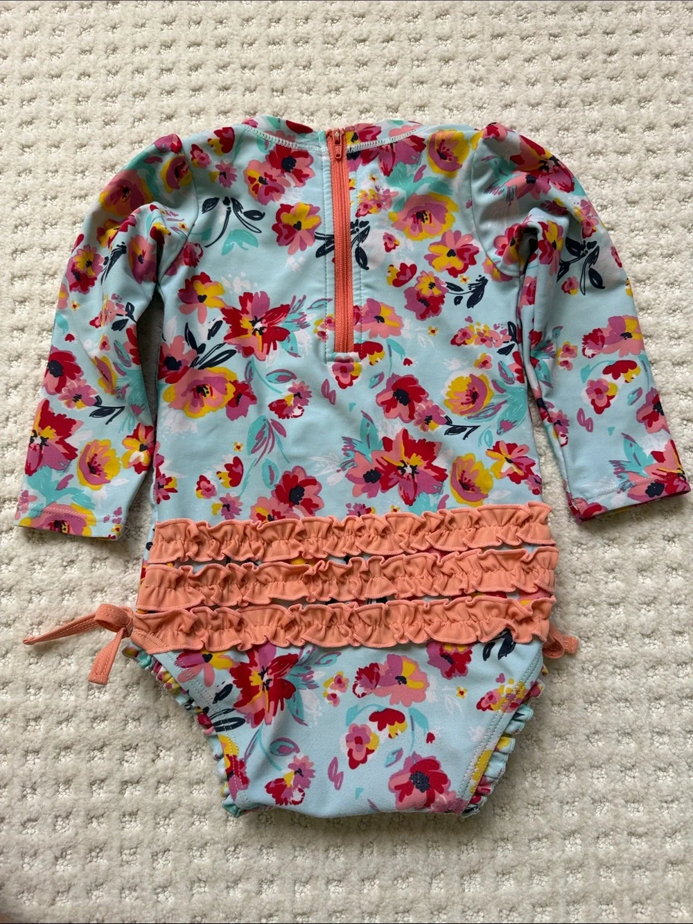 Ruffle Butts Aqua Floral Long-Sleeve Swim One-Piece with Pink and Yellow Flowers